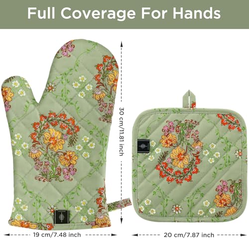 Oven Gloves Heat Resistant Potholder Set Oven Gloves with Anti (Sweet Flowers - Set)