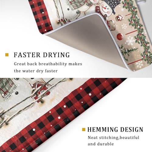 Winter Snowman Dish Drying Mat 18x24 Inch Red Buffalo Plaid Holiday Dish Drainer Mat Absorbent Dish Rack Pad for Kitchen Counter Sink Decor (Winter Snowman Bell / 24" x 18")