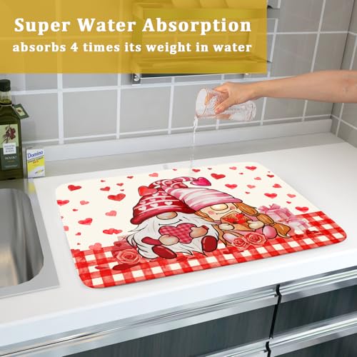 Love Gnome Dish Drying Mat 18"x24" Red Heart Microfiber Dish Drainer Rack Mat Holiday Absorbent Dishes Pad for Kitchen Counter Sink Decor (Love Gnome / 24" x 24")