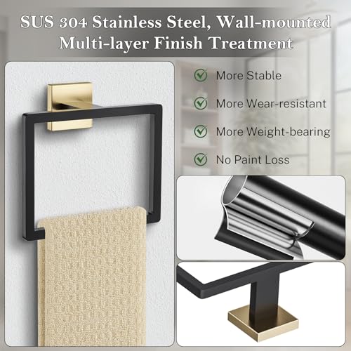 Black and Gold Towel Ring Square Hand Towel Holder Towel Hanger Bathroom Hardware Accessories Stainless Steel Wall (Black&gold / 1 Pc)