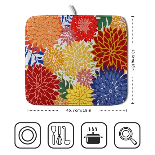 Modern Floral Dish Drying Mat 16x18 in Multicolored Tropical Drying Pad for Kitchen Counter (Modern Florals Colorful / 18" x 16")