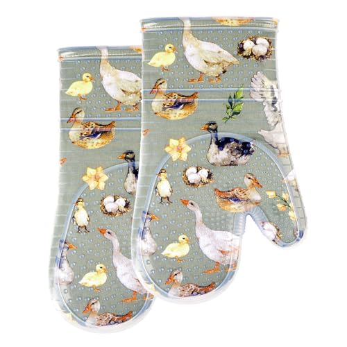 Oven Mitts with Transparent Clear Silicone Shell and Nice Duck Printing (Oven mitts / Wathet Blue)