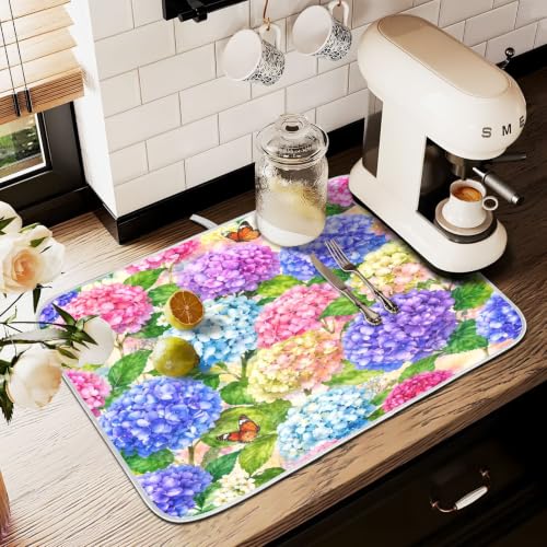 Hydrangea Flowers with Butterfly Dish Drying Mat for Kitchen Counter Absorbent Microfiber Large Drying Pad Dish mats for Kitchen Countertops 18 x 24 Inch (Spring Hydrangea Flowers / 24" x 18")