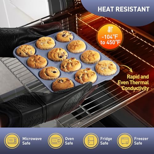 2 Pack 12 Cups Silicone Muffin Pan with Metal Reinforced Frame Regular Size Silicone Molds Cupcake Cake Baking Pans Baking Mold Best Baking Pans Tart Pan Sheet Set Reusable Cupcake Liners (2pc: 12-Cup Regular / Morandi Pink and Morandi Blue)