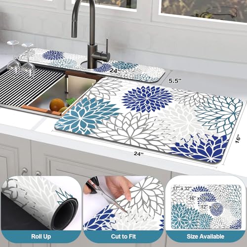 2Pcs Dish Drying Mat & Sink Splash Guard (Blue / 16" X 24" + 24" X 5.5")