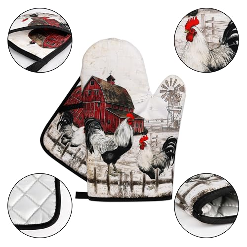 Rooster Print Oven Mitts and Pot Holders Sets of 4 Rustic Chicken Kitchen Mitts Potholders Heat Resistant Farmhouse Cute Oven Gloves Hot Pads for Chicken Kitchen Decor (Red Beige)