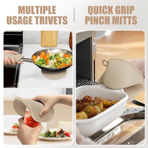Silicone Oven Mitts and Pot Holders Sets (Beige)
