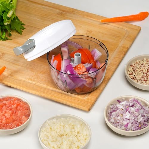 Manual Food Processor Vegetable Chopper 2.3 Cup Small Mini Hand Pull String Onion Chopper Garlic Mincer Cutter with 3 Stainless Steel Blades (White Grey - 2.3 Cup)