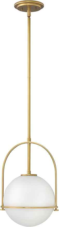 Hinkley Somerset Small Pendant Light, Etched Opal Glass Modern Globe Shade, Adjustable Height, Sloped Ceiling Compatible, Vintage-Inspired Metal Yoke Frame, Dry Rated, Heritage Brass Finish