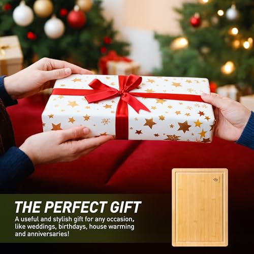 Extra Large Charcuterie Bamboo Board Non Slip Feet Over Sink Wooden Cutting Chopping Board Butcher Block Nice Solid Thick Juice Groove Big Xl XXl xlarge Hardwood Kitchen Counter Organic Meat BBQ Kit (19.5"L x 14"W / Natural)