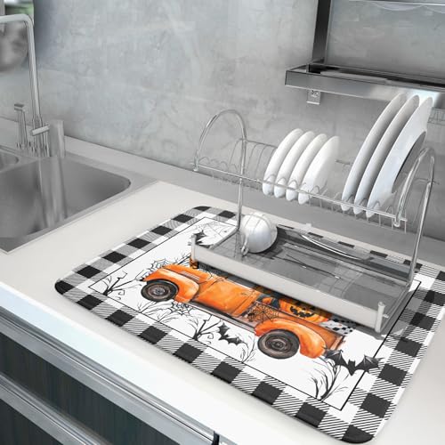 Halloween Truck Dish Drying Mat Orange Absorbent Microfiber Coffee Pad (Halloween Truck Orange / 24" x 18")