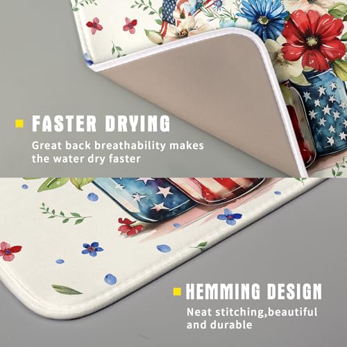 American Patriotic Floral Dish Drying Mat Flower Vase Drainer Rack Mats 16"x18" Absorbent Microfiber Dish Dry Pad for Kitchen Counter Sink (Patriotic Floral Vase / 16" x 18")