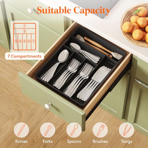 Silverware Drawer Organizer Tray (Black / 12.3 x 16 inch (7 Slots))