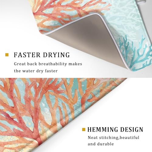 Coastal Coral Dish Drying Mat Beach Ocean Drainer Rack Mat 18x24 Inch Microfiber Absorbent Reversible Dish Dry Pad for Kitchen Counter Sink (Pink Coastal Coral / 18" x 18")