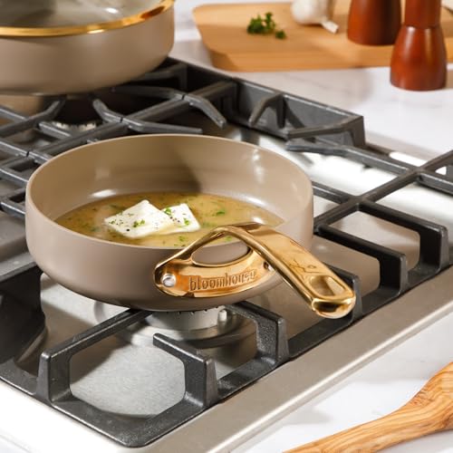 Non Stick Frying Egg Pan (Cappuccino Cream w/ Gold Handle / Deep Fry Pan (8-Inch))