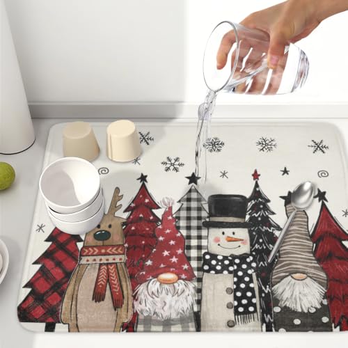Winter Snowman Gnome Dish Drying Mat Xmas Tree Dishes Pad 18"x24" Microfiber Fast Dry Dish Drainer Rack Mats Kitchen Countertop Accessories (Winter Snowman Gnome / 18x24 inch)