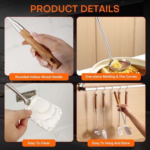 6 Pcs Cooking Utensils Set 304 Stainlss Steel Kitchen Utensils Set Heat Resistant Wooden Handle Kitchen Tools Metal Kitchen Utensil Soup Ladle Set (Wooden Handle-6 Pcs)