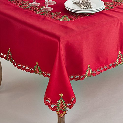 Pandoro Collection Holiday Embroidered Christmas Tree Cutwork Border 67 x 160 Inch Tablecloth (Red / 160" x 67" (Rectangular))