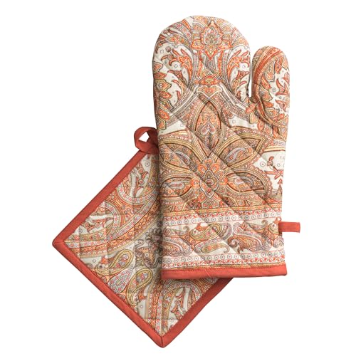 100% Cotton Oven Mitt & Pot Holder Set (023 - Kashmir Paisley / 7.5" x 13" & 8" x 8" (Oven Mitt & Pot Holder))