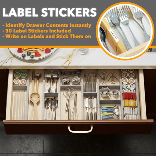 Bamboo Drawer Dividers with Inserts and Labels (2.35''H, 17''-22''L, 7 Dividers / GRAY)