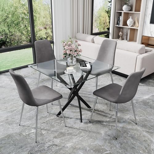 36” Square Glass Dining Table Set for 4 (Black Square Table/Grey Velvet Chairs / 5 Pieces)