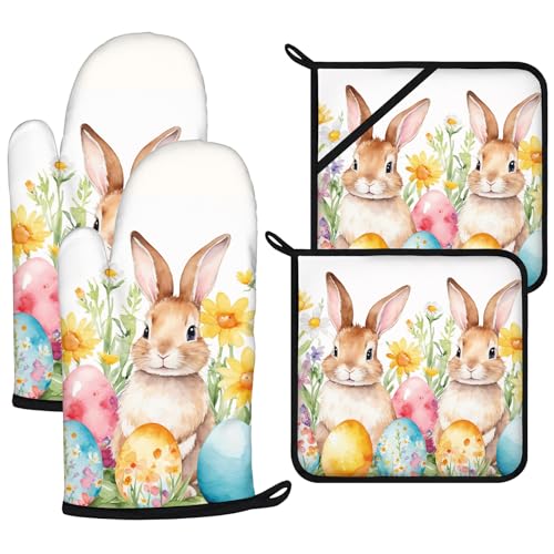 Easter Rabbits Oven Mitts and Pot Holders Sets 4Pcs (Easter Rabbits)