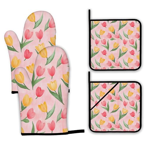 Pink Tulip Oven Mitts and Pot Holders Set (4 Count)