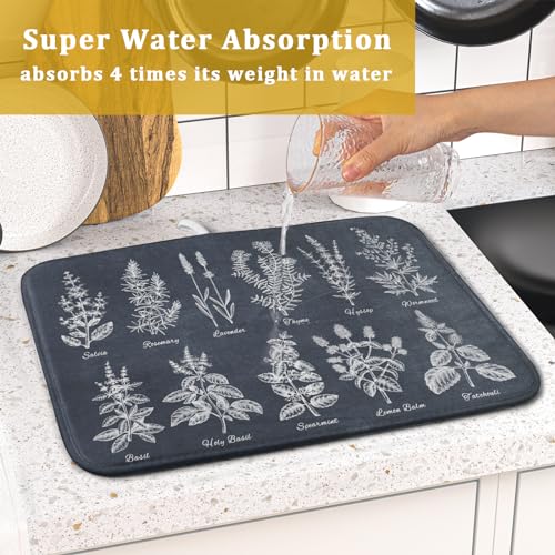Flower Herbs Dish Drying Mat Wild Plant Dish Rack Mat with Hanging Loop Fast Dry Dish Drainer Pad for Kitchen Counter Sink 16x18 Inch (gray plant collection / 16" x 18")