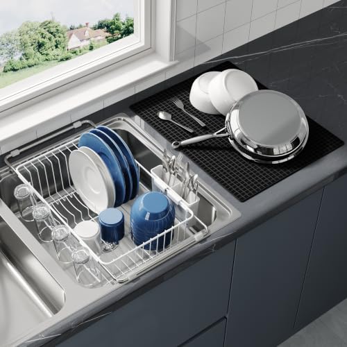 White Dish Drying Rack in Sink with Mat (White / For 12"-30"w Sink, with Mat)