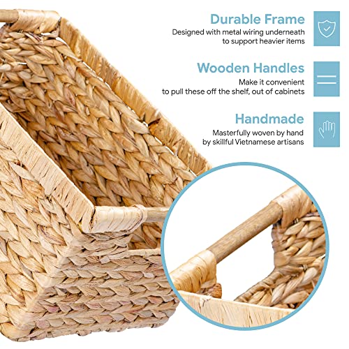 Large Rectangular Wicker Basket with Wooden Handles for Shelves and Storage (Water Hyacinth / Large (14.5"L x 10.3"W x 7.5"H))