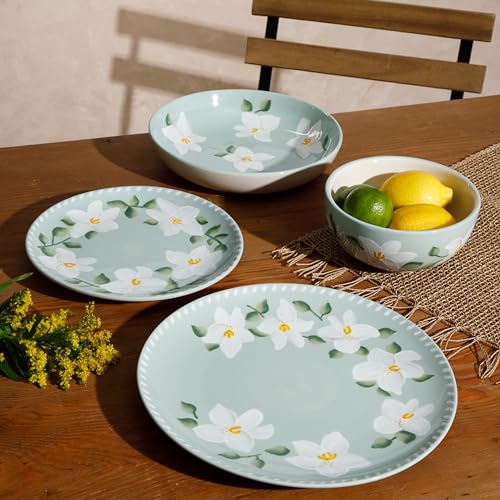 Magnolia Bloom 16 Piece Double Bowl Hand Painted Stoneware Plates and Bowls Floral Dinnerware Set (Magnolia Blom / Service for Four (16pcs))