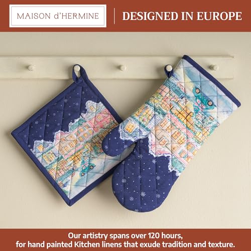 100% Cotton Oven Mitt & Pot Holder Set (123 - Christmas Market - Blue / 7.5" x 13" & 8" x 8" (Oven Mitt & Pot Holder))