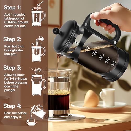 34 Ounce French Press Coffee Maker Black Stainless Steel Coffee Press (Black-R / 34 oz)