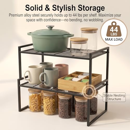 Stackable Kitchen Cabinet Organizer Shelves Pantry Rack Set of 2 (Charcoal Black / 16.1'' W)