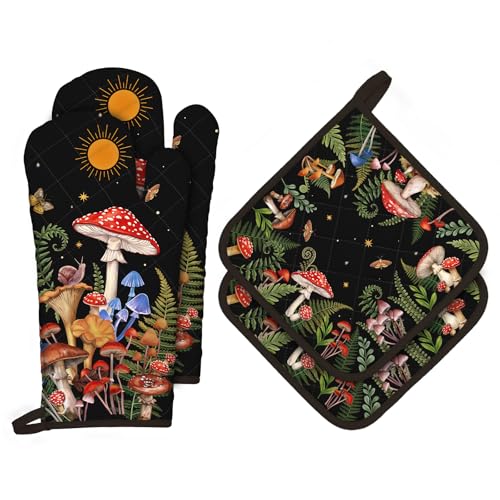 Mushroom Oven Mitts and Pot Holders Set (Mushroom / Oven Mitt x2 & Pot Holder x2)