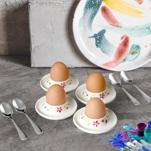 Ceramic Sakura Egg Holder Set of 4 Porcelain Holder With 4Stainless Steels Egg Spoons Breakfast Boiled Cooking Easy to Clean Childhood Memories Kitchen