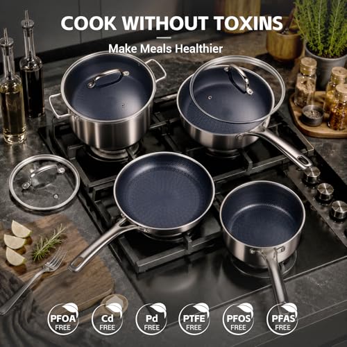 17 Pcs Pots and Pans Set Non Stick (Stainless Steel & Navy Blue)