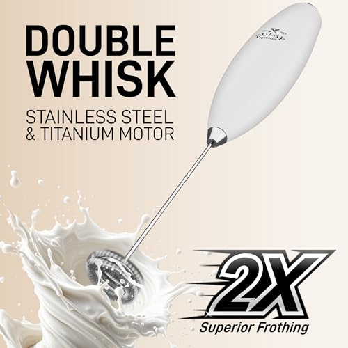 Powerful Milk Frother Wand With Duracell Batteries (Freezing White / Double Whisk + Batteries)
