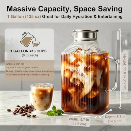 1 Gallon Glass Pitcher Thickened Square Striped Borosilicate Glass (135.3 Ounces)