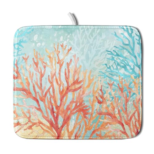Coastal Coral Dish Drying Mat Beach Ocean Drainer Rack Mat 16x18 Inch Microfiber Absorbent Reversible Dish Dry Pad for Kitchen Counter Sink (Pink Coastal Coral / 16x18 inch)