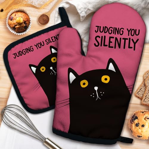 Judging You Silently Funny Heat Resistant Oven Mitts and Pot Holders Set with Silicone Non