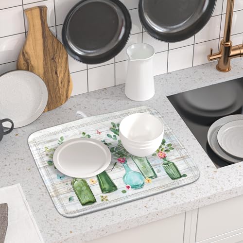Fern Leaf Vase Dish Drying Mat 16x18 Inch Eucalyptus Leaves Microfiber Absorbent Dish Drainer Mat Reversible Drying Pad for Kitchen Counter Sink (Fern Leaf Vase / 16" x 18")