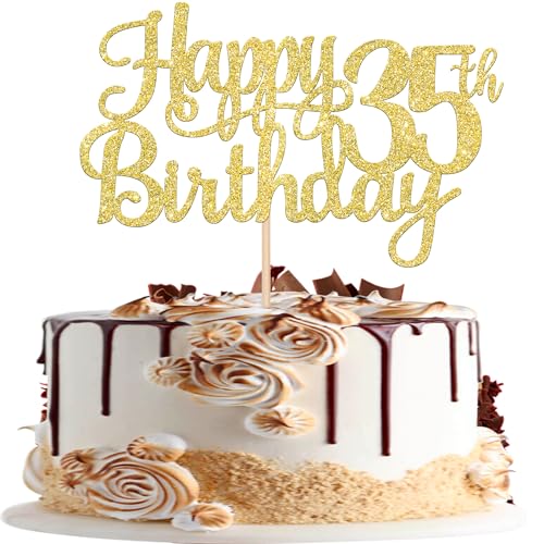 1 PCS Happy 35th Birthday Cake Topper Gold Glitter Cheers to 35 Years Birthday Cake Pick 35 Fabulous Cake Decoration for Happy 35th Birthday Theme Party Decorations Supplies (Gold / 35th)