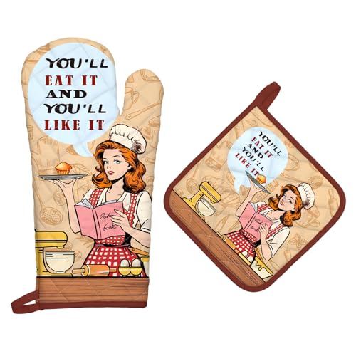 Retro Housewife Oven Mitts and Pot Holders Set (Housewife / Oven Mitt x1 & Pot Holder x1)