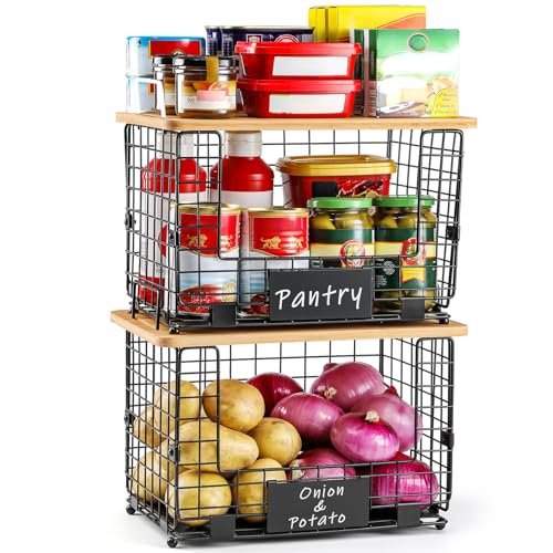 2 Set XL Stackable Wire Basket with Bamboo Tops & Tags (XL)