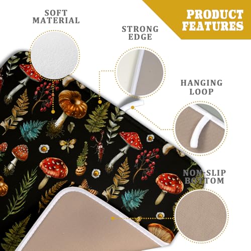 Mushroom Forest Dish Drying Mat Fern Leaves Black Drainer Mat for Kitchen Countertop 16 X 18 Inch (Mushroom - Black / 18" x 16")