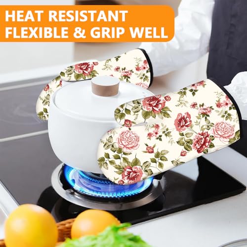 Red Rose Oven Mitts and Pot Holders Sets 4Pcs (Red Rose)