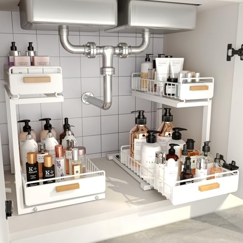 Under Sink Organizer Kitchen (Double Layer / White-2 Pack)