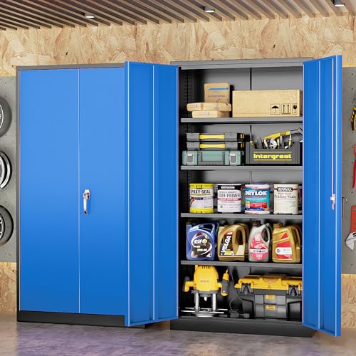 Metal Storage Cabinets 72” Black Blue Garage Steel Storage Cabinet with Doors and Shelves (Black Blue / 72")