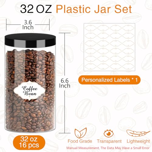 32 OZ Plastic Jars with Lids (32OZ 16Pcs Black)